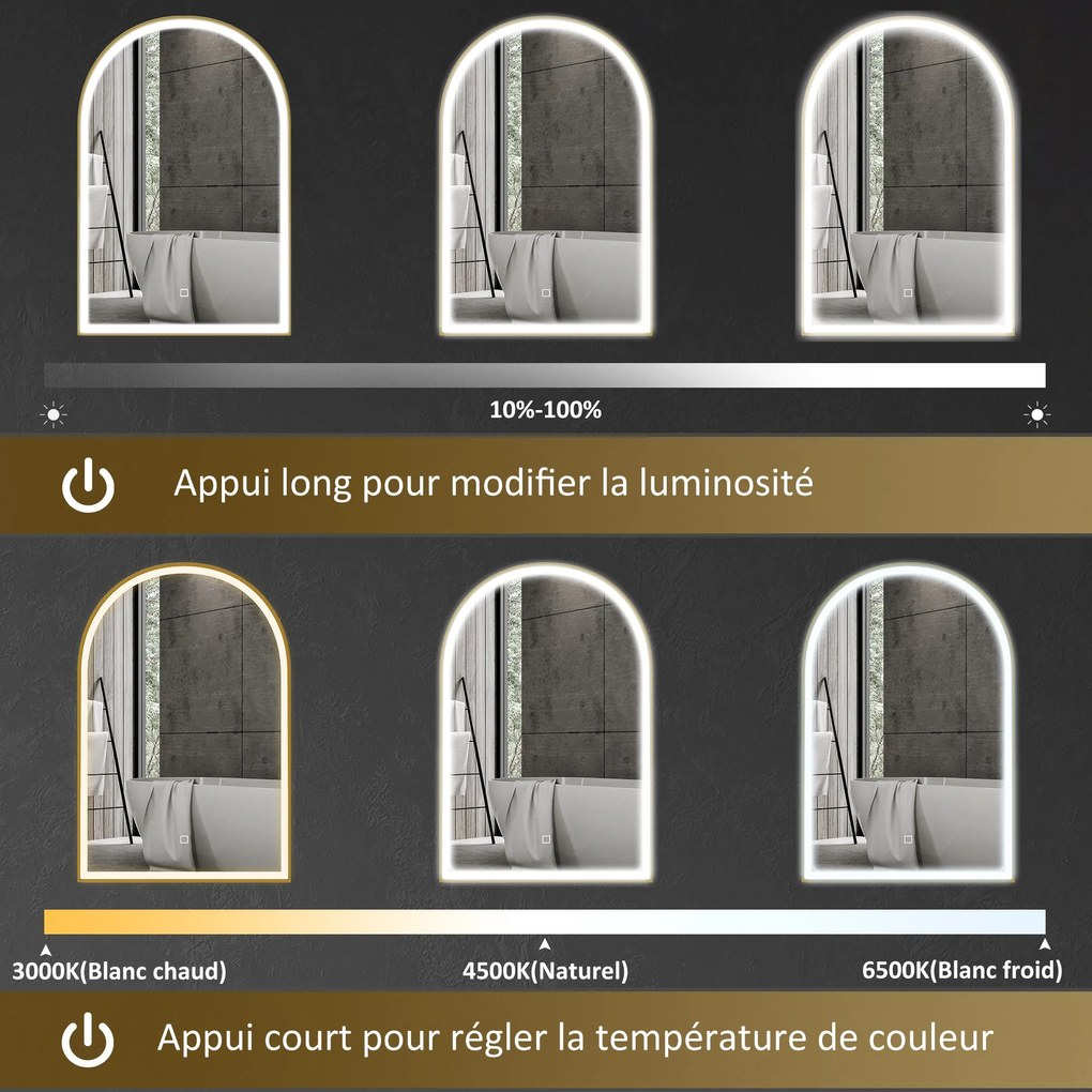 HOMCOM Fürdőszoba Tükör 90 x 60 cm, Ívelt Fali Tükör, LED Világítással Ellátott Fürdőszoba Tükör, Állítható Fény 3 Színben, Páramentes, Memória, Érint