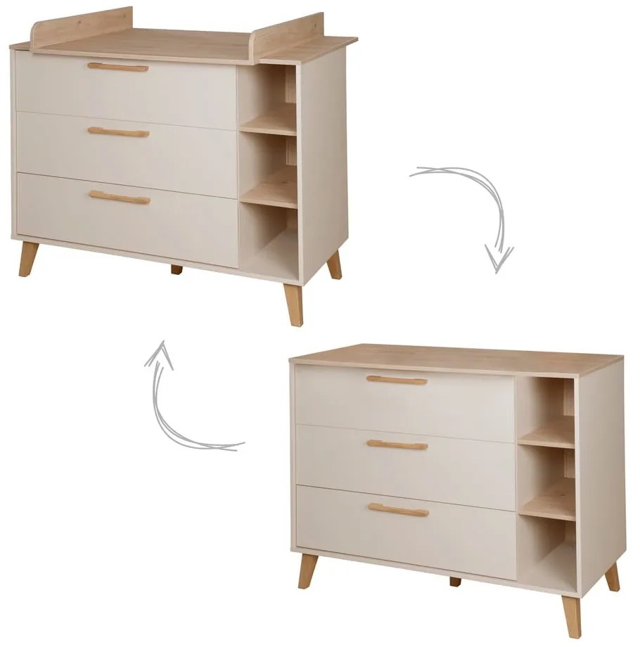 Krémszínű-natúr színű gyerek komód pelenkázó feltéttel, tölgyfa dekorral 117x103x78 cm Jil – Roba