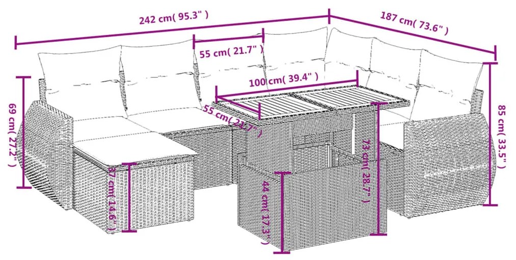 8 részes fekete polyrattan kerti ülőgarnitúra párnákkal