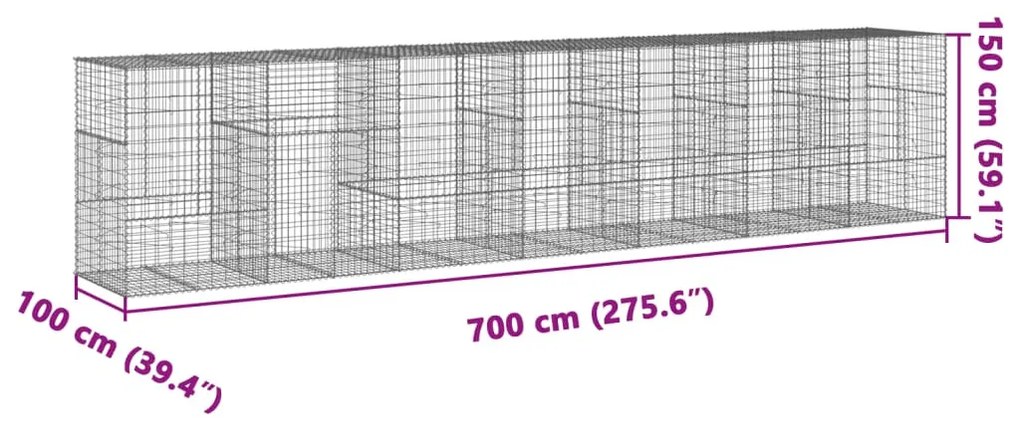 horganyzott vas gabion kosár fedéllel 700 x 100 x 150 cm