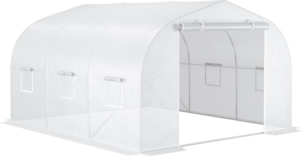 Outsunny Kert Tunneli Üvegház 3,5L x 3W x 2H m Ajtó+6 Feltekerhető Ablak Galvanizált Acél Magas Sűrűségű PE Borítás Fehér | Aosom
