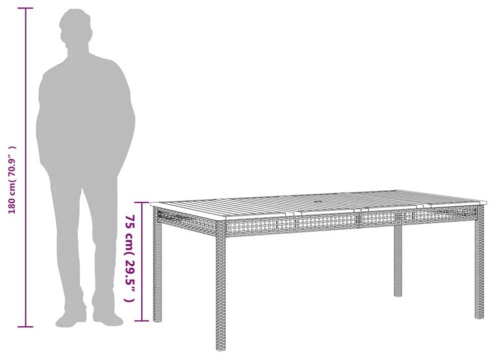 szürke polyrattan és akácfa kerti asztal 180 x 90 x 75 cm