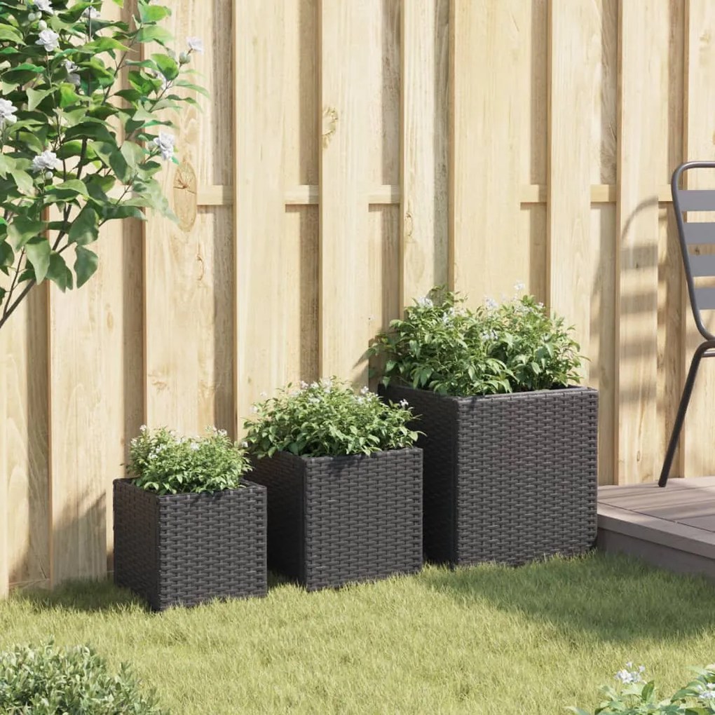 3 db fekete polyrattan kerti ültetőláda