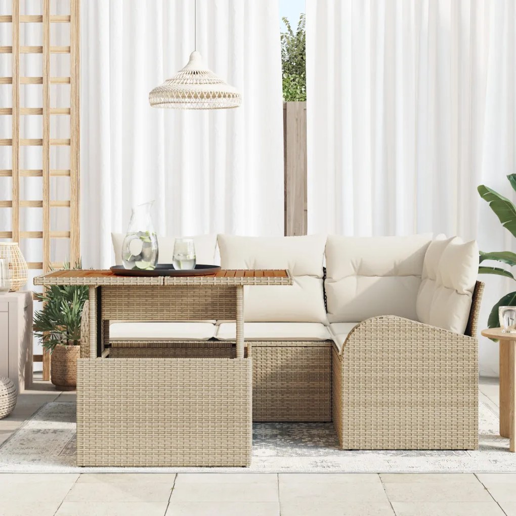 5 Részes Kerti Étkező Szett Párnákkal Bézs Poly Rattan Akác