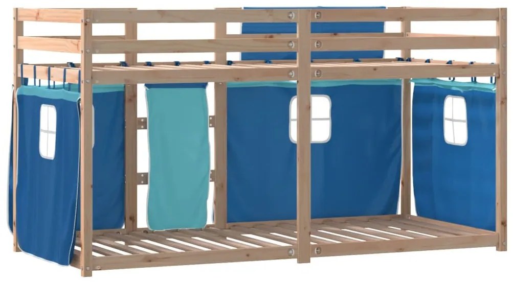 vidaXL kék tömör fenyőfa emeletes ágy függönyökkel 90 x 190 cm