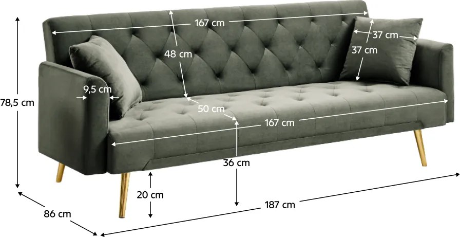 Kihúzható kanapé, sötétzöld/gold króm-arany, ALISIA