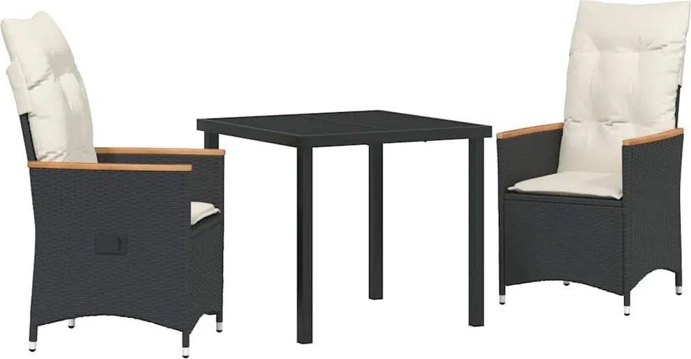 vidaXL Kert étkező szett párnával 3 pcs Fekete polirattan
