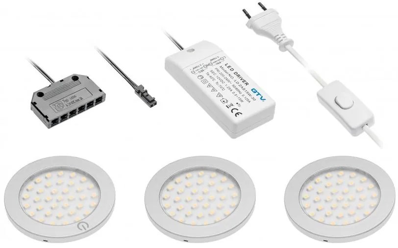 LED Lámpatest, CASTELLO 3-as szett, meleg fehér, 67mm, 12V, 180lm, 8,4W, kábellel, csatlakozóval, érintő kapcsolóval, tápegységgel