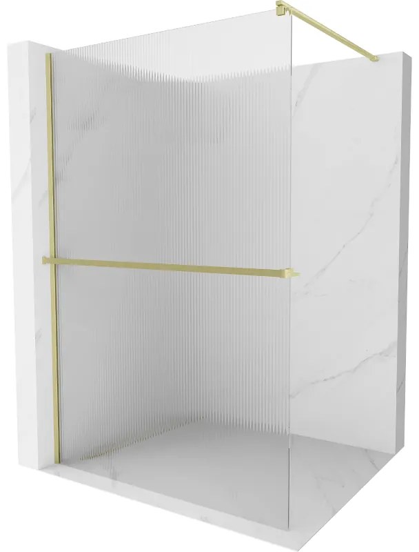 Mexen Kioto+, Walk-In zuhanyparaván polccal és akasztóval 130 x 200 cm, 8 mm-es üveg bordás mintával, arany matt profil, 800-130-121-55-09