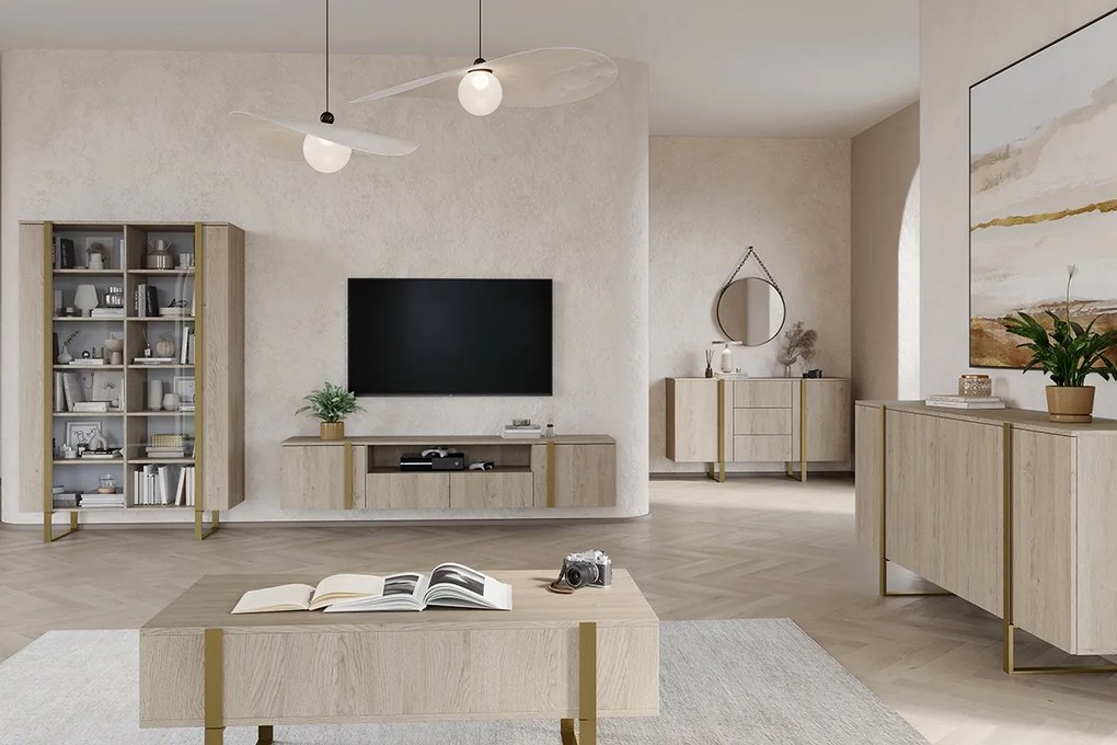 Verica 200 cm-es TV-szekrény, falra szerelhető, nyitott polccal - szivacsos tölgy / arany fogantyúk
