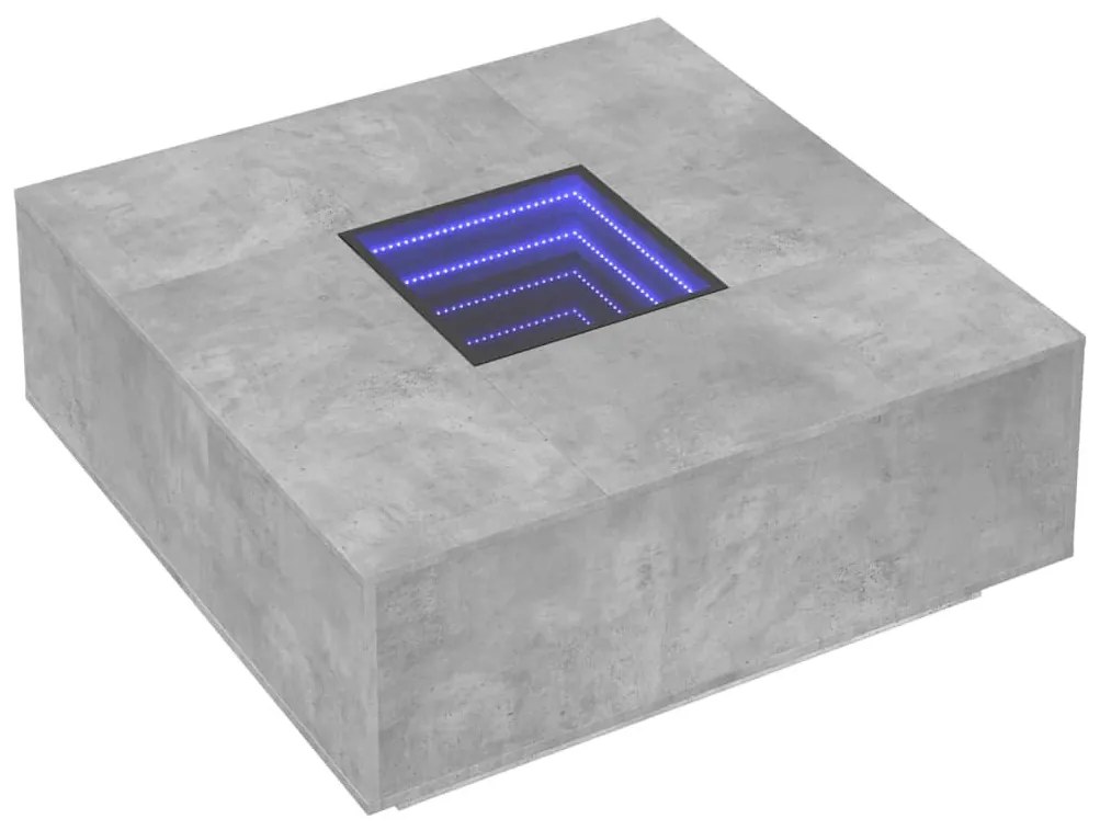 Betonszürke végtelen hatású LED-es dohányzóasztal 100x100x40 cm