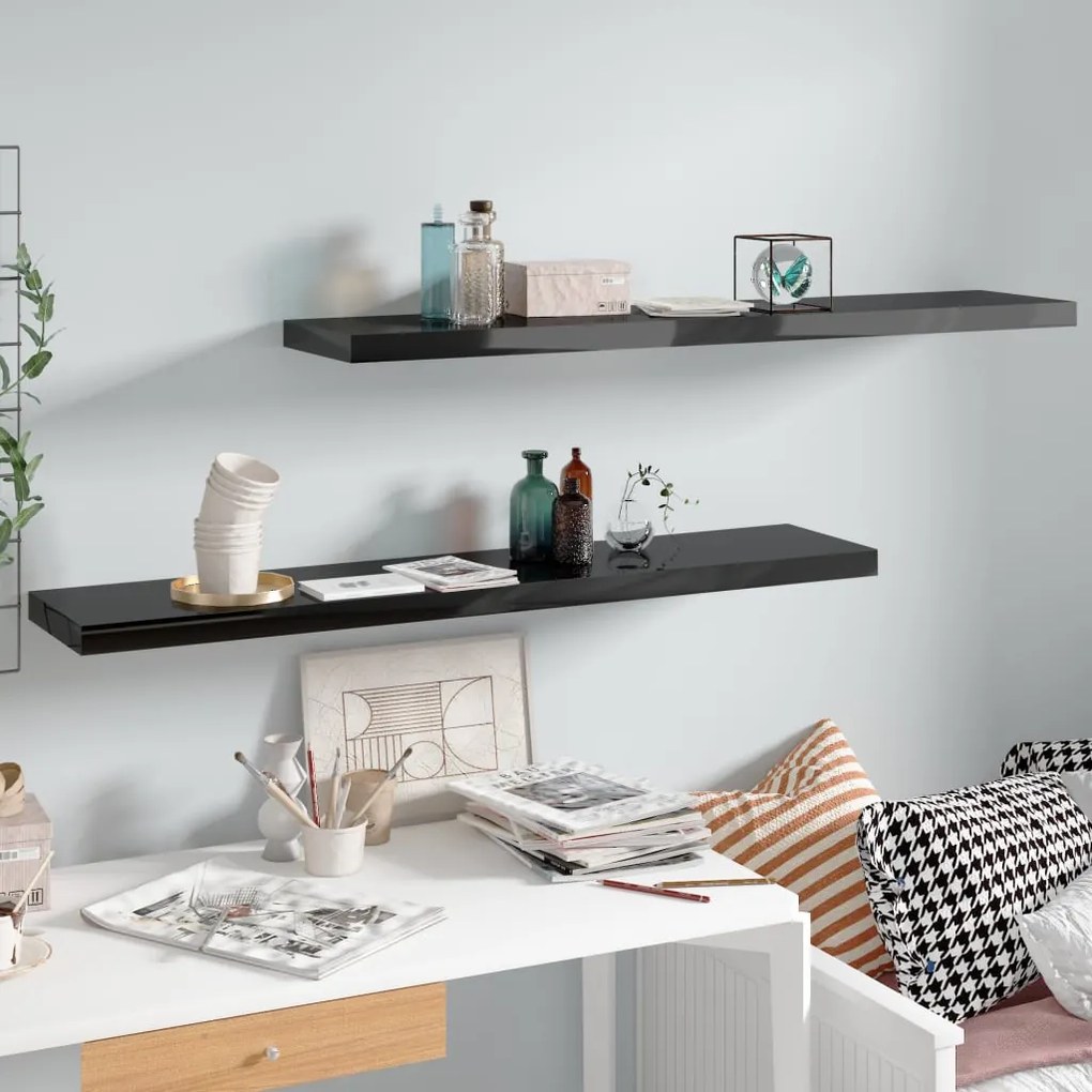 2 db magasfényű fekete MDF lebegő fali polc 120 x 23,5 x 3,8 cm