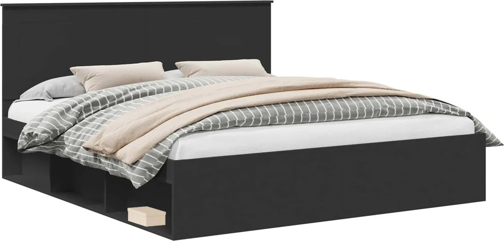 vidaXL Ágykeret fejtámlával Fekete 200 x 200 cm Tömör fenyőfa