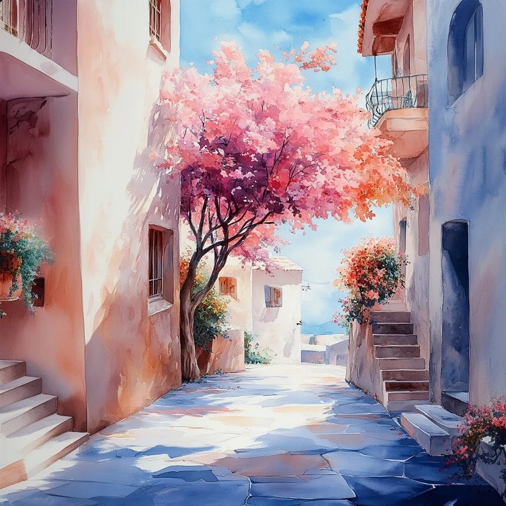 Vászonkép Canvas Tájkép Mediterrán Utca Fa Virágok 80x80