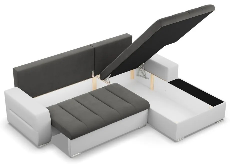 Toronto sarokkanapé, 2 ágyneműtartóval, bársony + műbőr, jobboldali, szürke - fehér