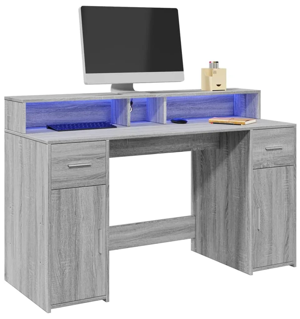 szürke sonoma színű szerelt fa íróasztal LED-ekkel 140x55x91 cm
