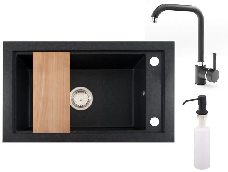 Panama P686-427C Gránit Mosogató + Steel Csaptelep + Adagoló + Deszka + Szifon (fekete)