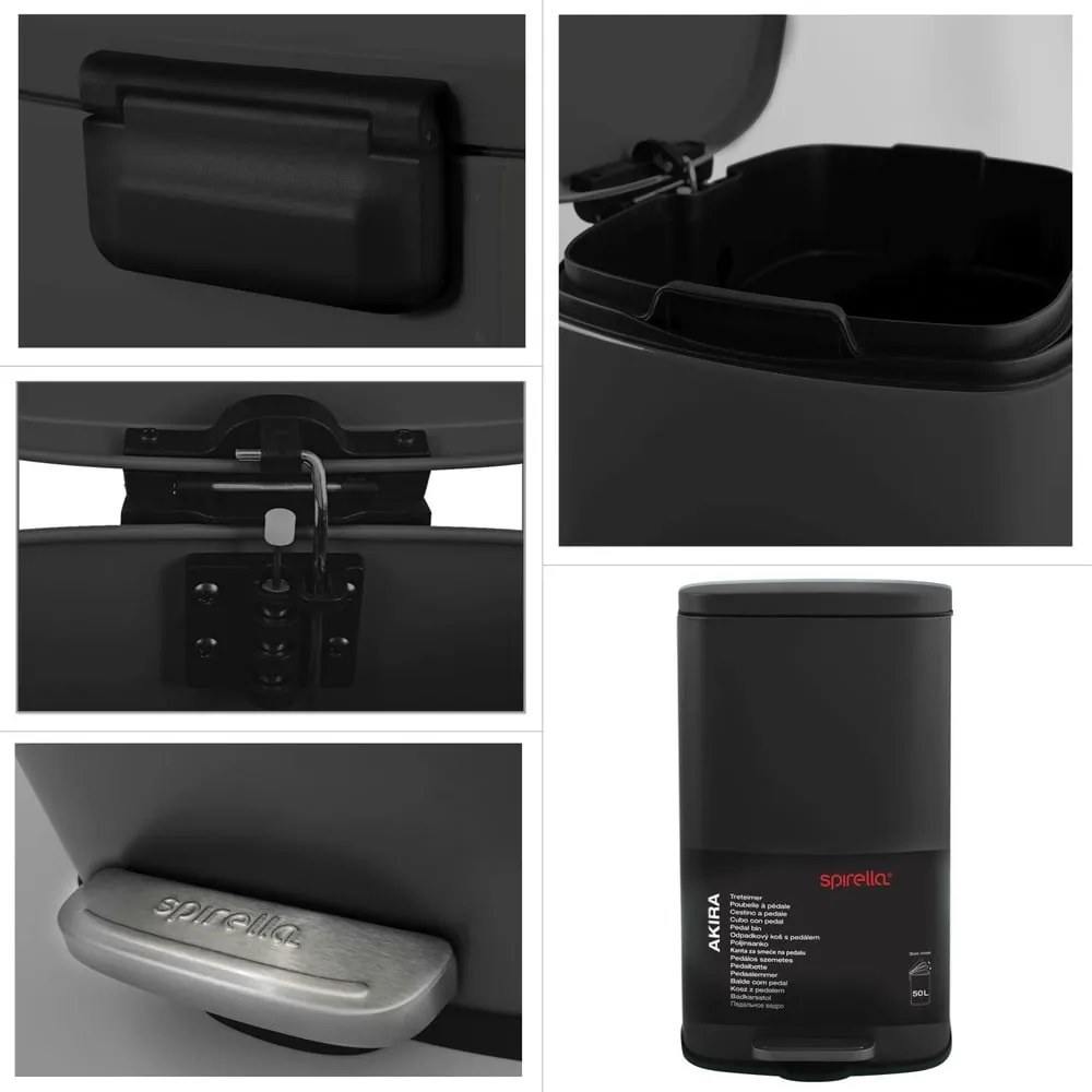 Matt fekete acél pedálos szemetes 50 l Akira – Spirella
