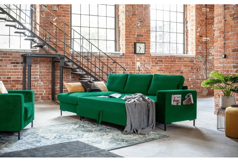 Lofty Lilly zöld kinyitható bársony sarokkanapé, bal oldali - Miuform