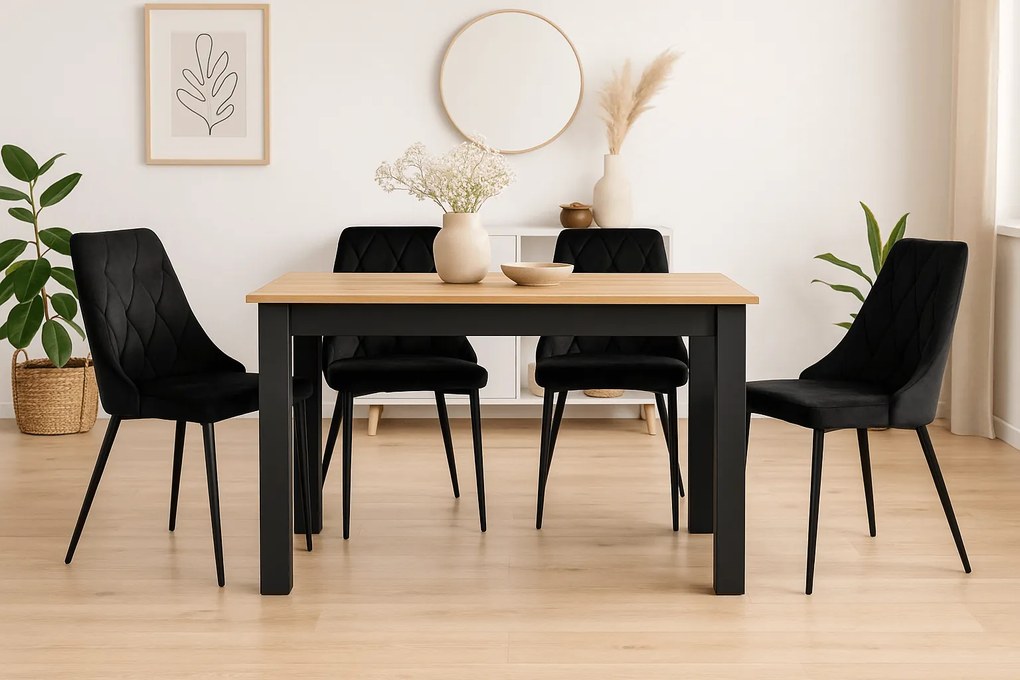 Étkezőgarnitúra 1+4, fekete asztal arany tölgy díszítéssel MADO 120x80cm és fekete bársony étkezőszék IMOLA