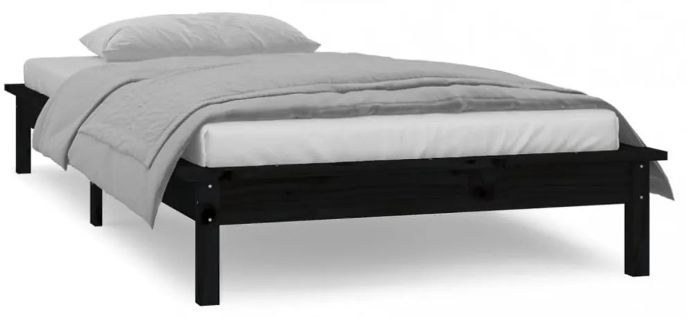 fekete tömör fa ágykeret LED-világítással 90 x 200 cm