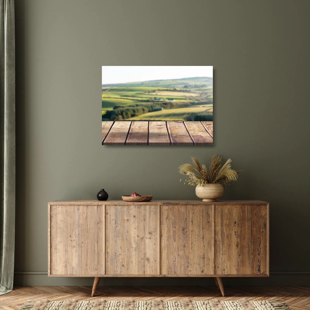 Üveg kép - Fa polc tájképi elemekkel (70x50 cm)