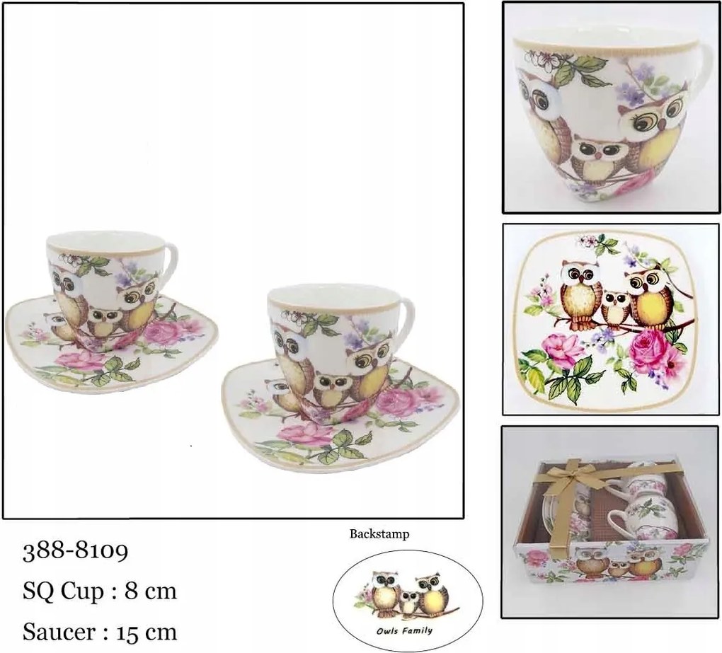 Csészék szett két személyre. Virágok, porcelán baglyok kanállal.