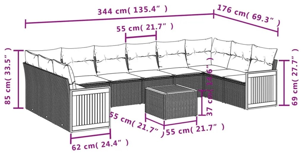 11 részes fekete polyrattan kerti ülőgarnitúra párnákkal