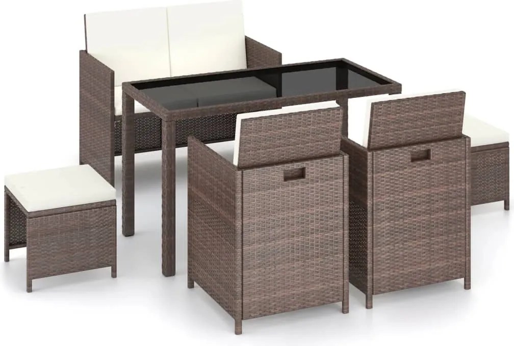 vidaXL 6 részes barna kültéri polyrattan étkezőgarnitúra párnákkal