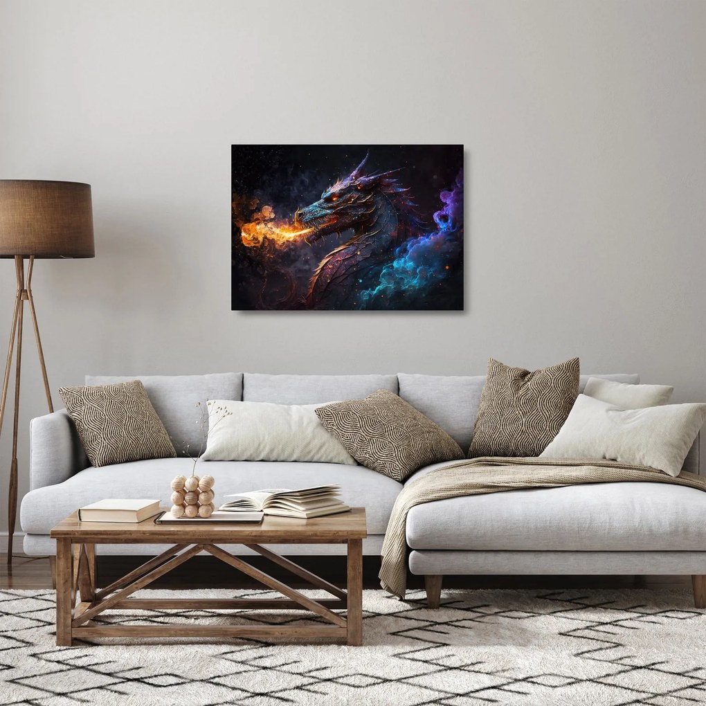 Üveg kép - Lángokat köpködő sárkány (70x50 cm)