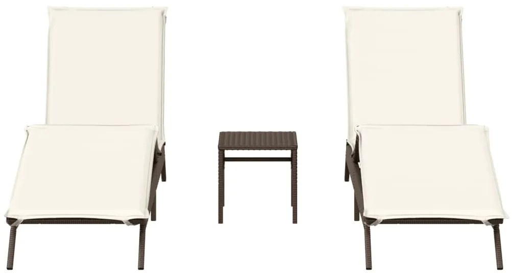2 db barna polyrattan napozóágy asztallal