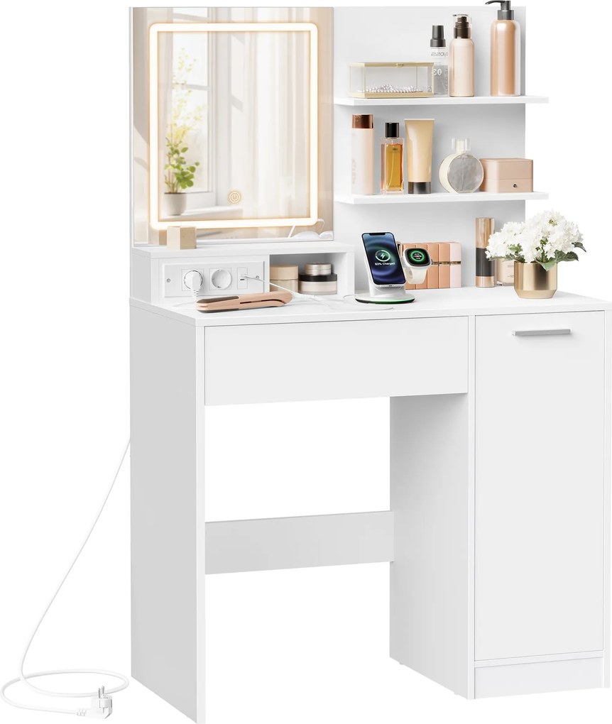 Fésülködőasztal LED-es tükörrel és elosztóval, fehér