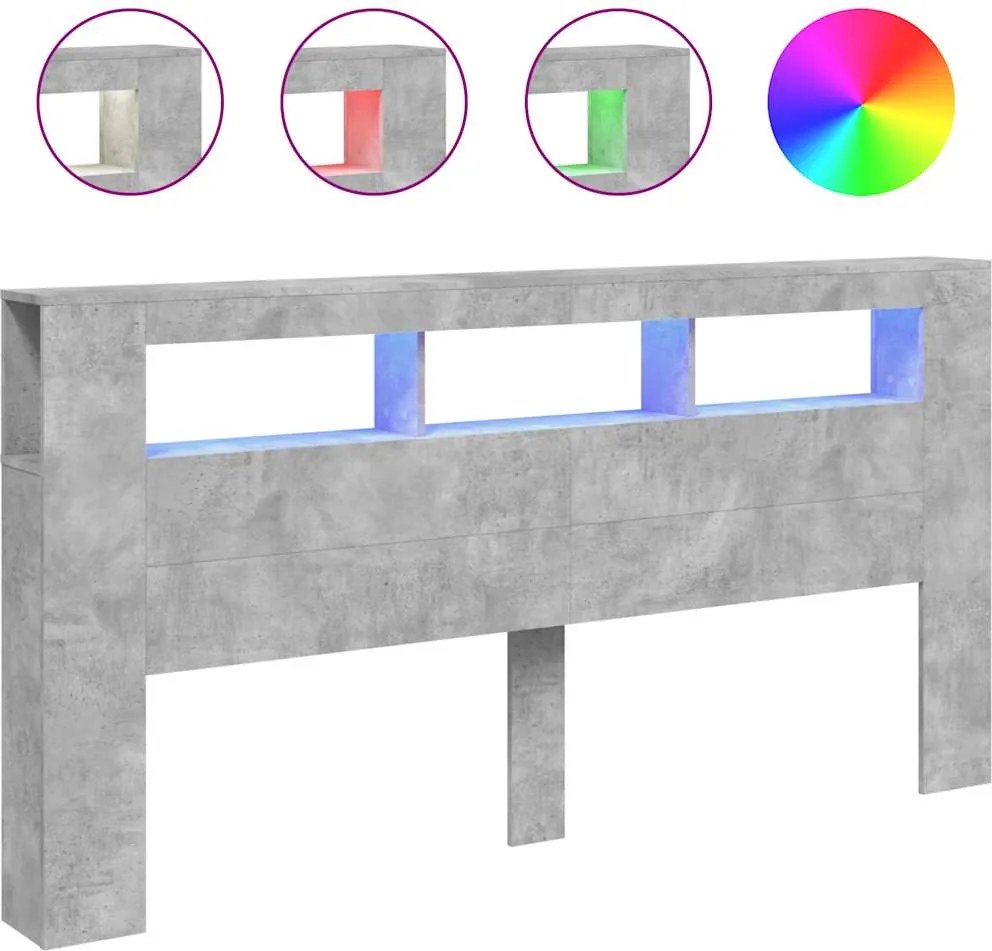 vidaXL betonszürke szerelt fa LED-es fejtámla 200 x 18,5 x 103,5 cm