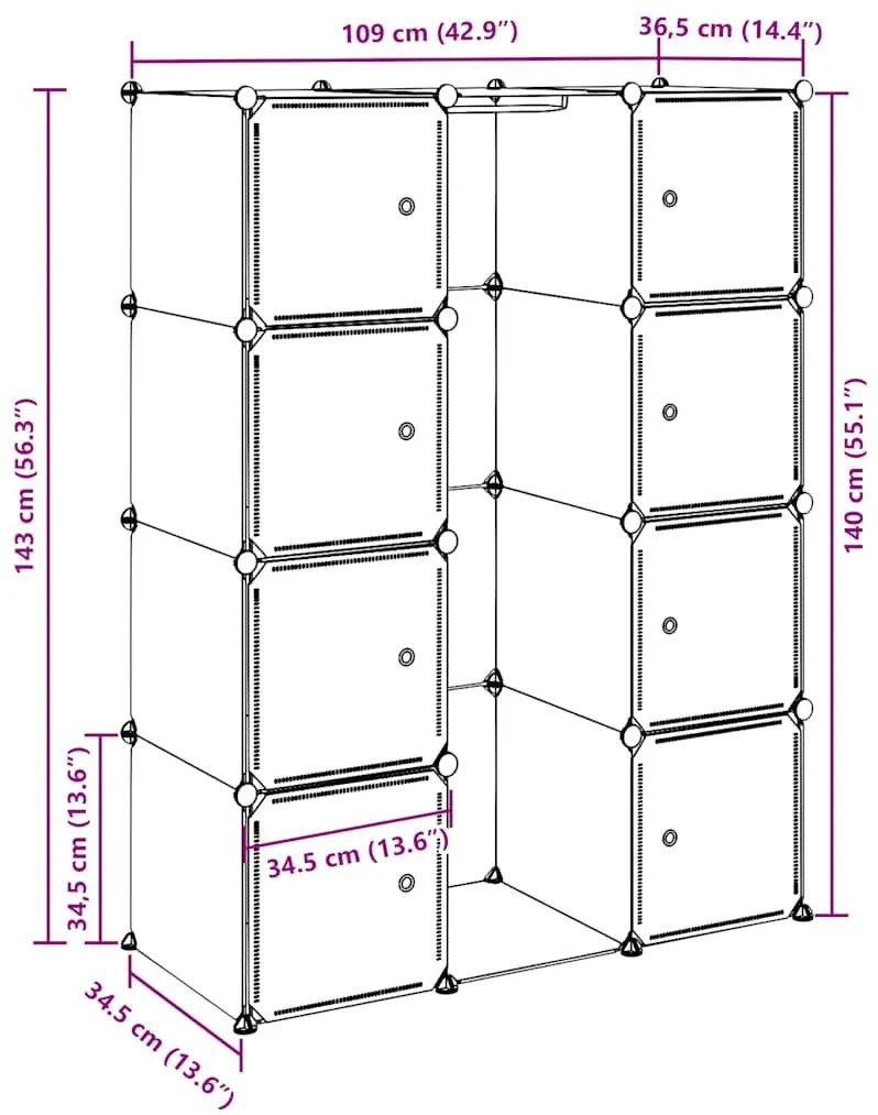 fehér moduláris szekrény 9 rekesszel 109x36,5x143 cm