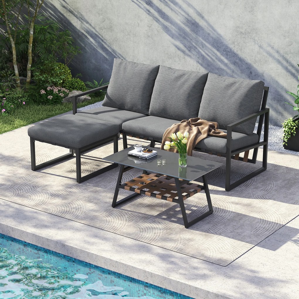 Kerti bútor szett sarokkanapé dohányzóasztal lábtartó szürke