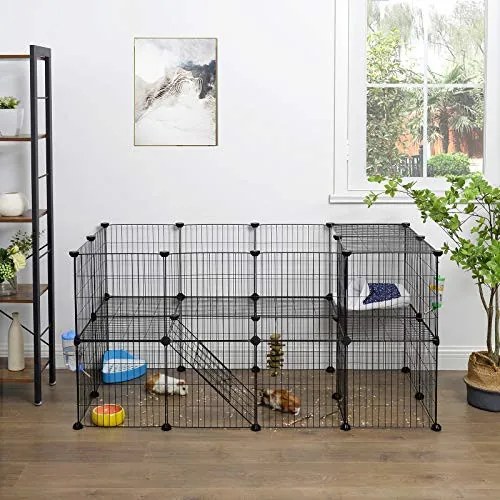 Fém ketrec háziállatoknak tengerimalac, hörcsög, nyúl számára 36 paneles, fekete 143x73x71cm
