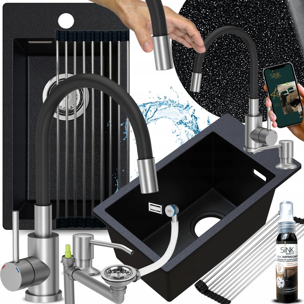 Egymedencés Gránit Mosogató Fekete Metál Csaptelep Kicsi Keskeny