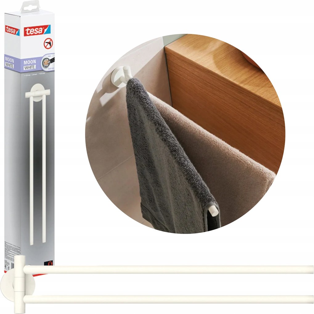 Fürdőszobai törölközőtartó öntapadós Tesa Moon White Fém