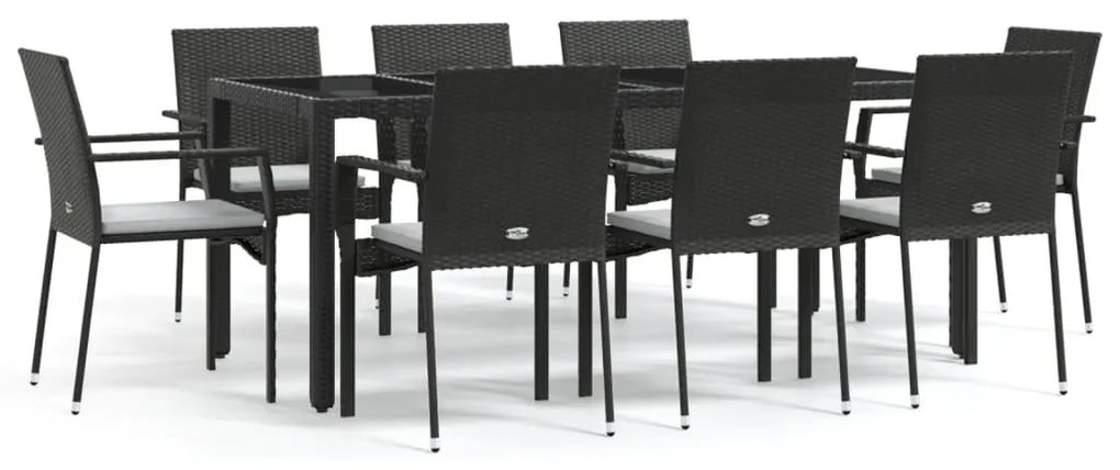 9 részes fekete polyrattan kerti étkezőgarnitúra párnákkal