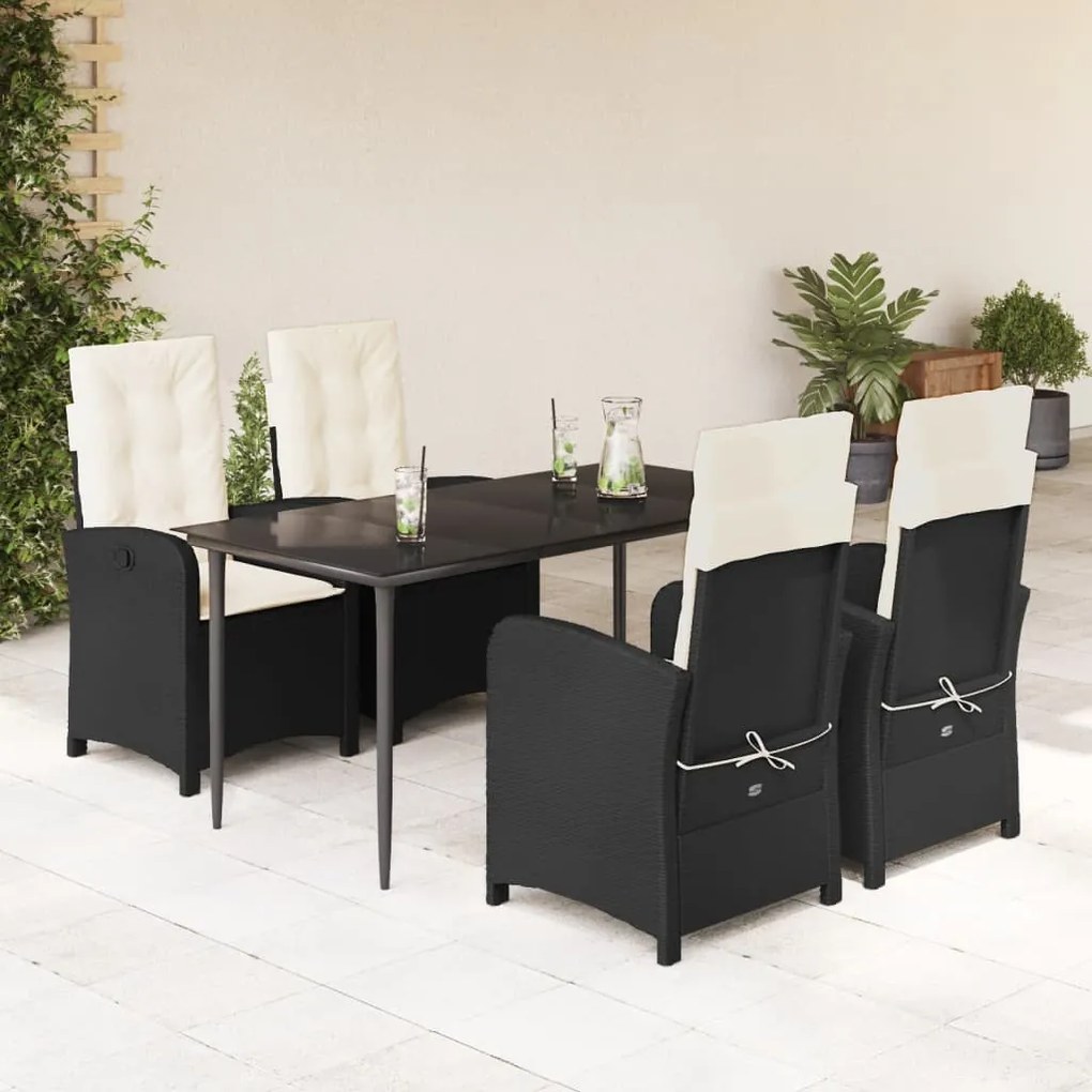 5 részes fekete polyrattan kerti étkezőgarnitúra párnákkal
