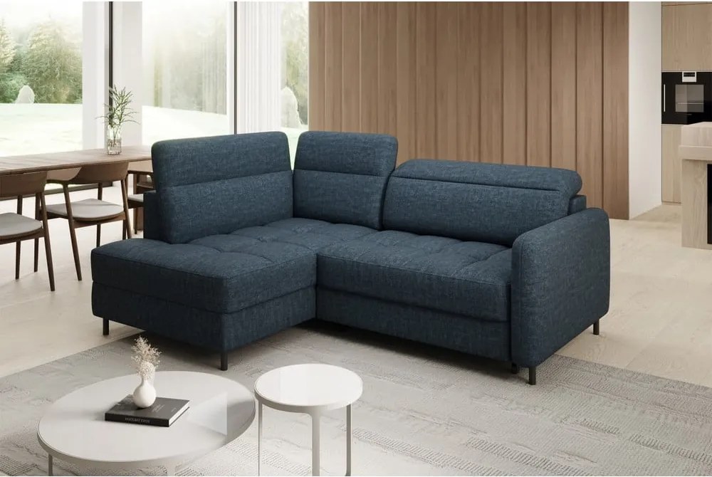 Kék bársony kinyitható-tárolóhelyes sarokkanapé (bal oldali-L alakú) Barea – ELTAP