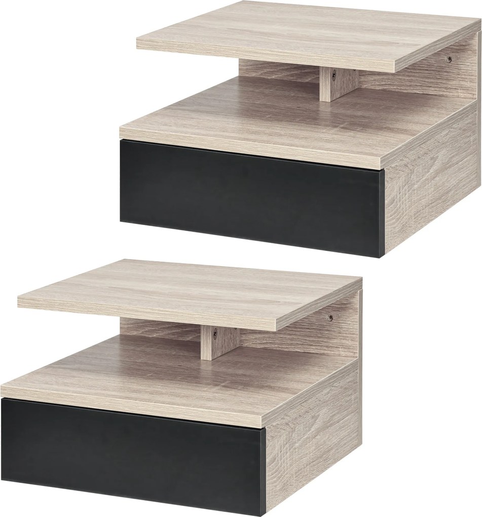 HOMCOM 2 db F Floating Éjjeli Szekrény, Függesztett Ágytáblák 1 Fiókkal és Nyitott Polccal, 35x32x22.5 cm Tölgy és Fekete | Aosom
