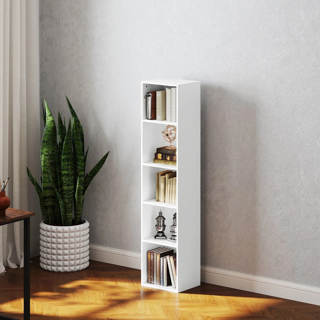 HOMCOM Könyvespolc, 5-Tier Tárolószekrény Állítható Polcokkal Nappaliba, Hálószobába, Irodába, 30 x 24 x 133.5 cm, Fehér | Aosom