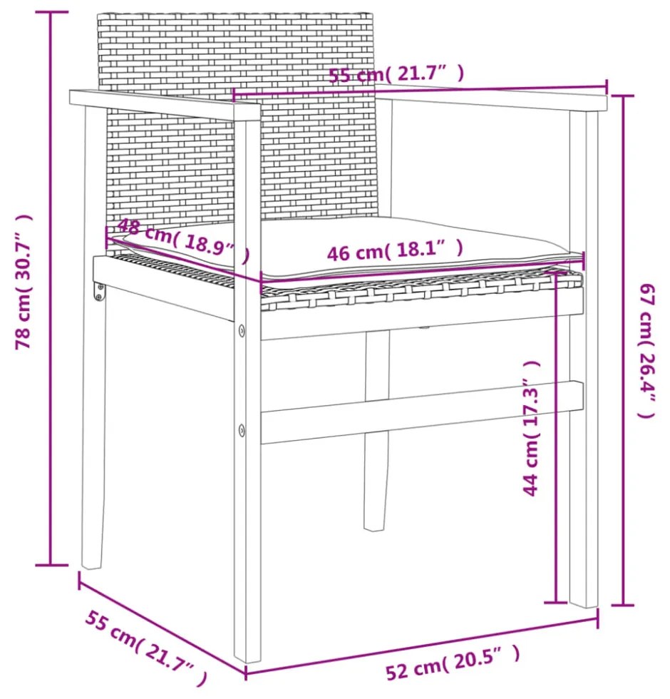 2 db szürke polyrattan és tömör fa kerti szék párnával