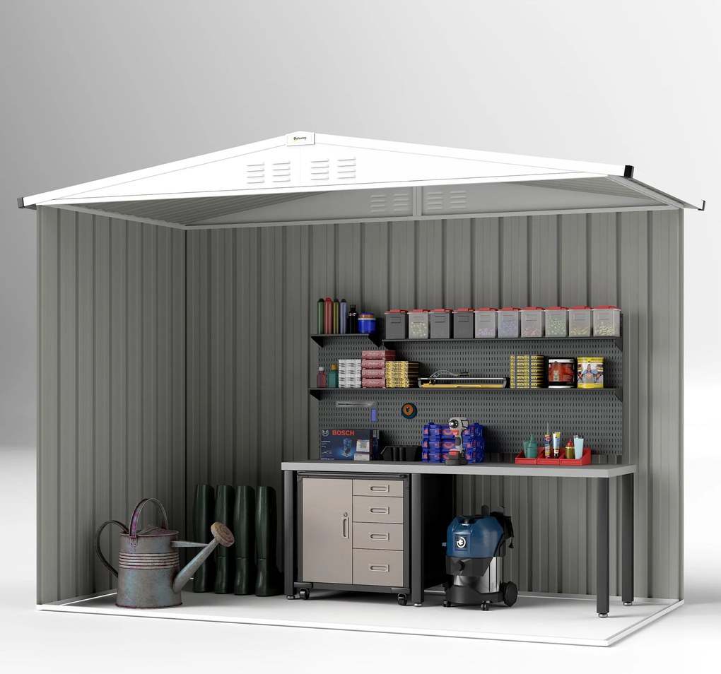 Outsunny Fém Kerti Tároló 2,7 m² 246 x 117 x 180 cm Ablakkal, 4 Szellőzővel és Zárható Ajtóval, Kültéri Acél Kerti Sátor, Szürke | Aosom
