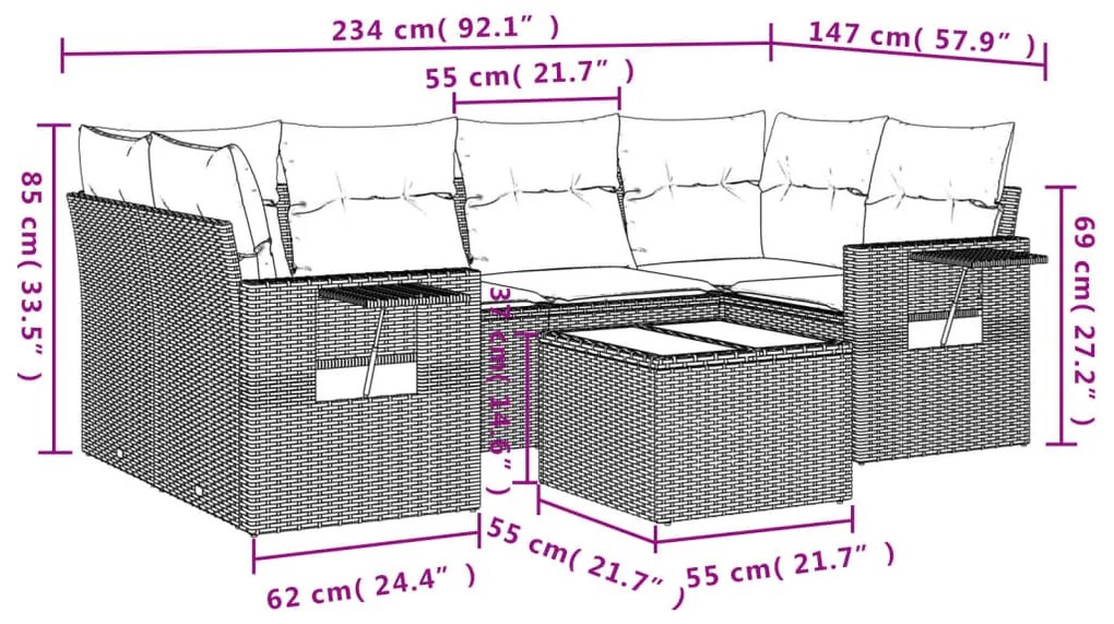 7 részes világosszürke polyrattan kerti ülőgarnitúra párnákkal