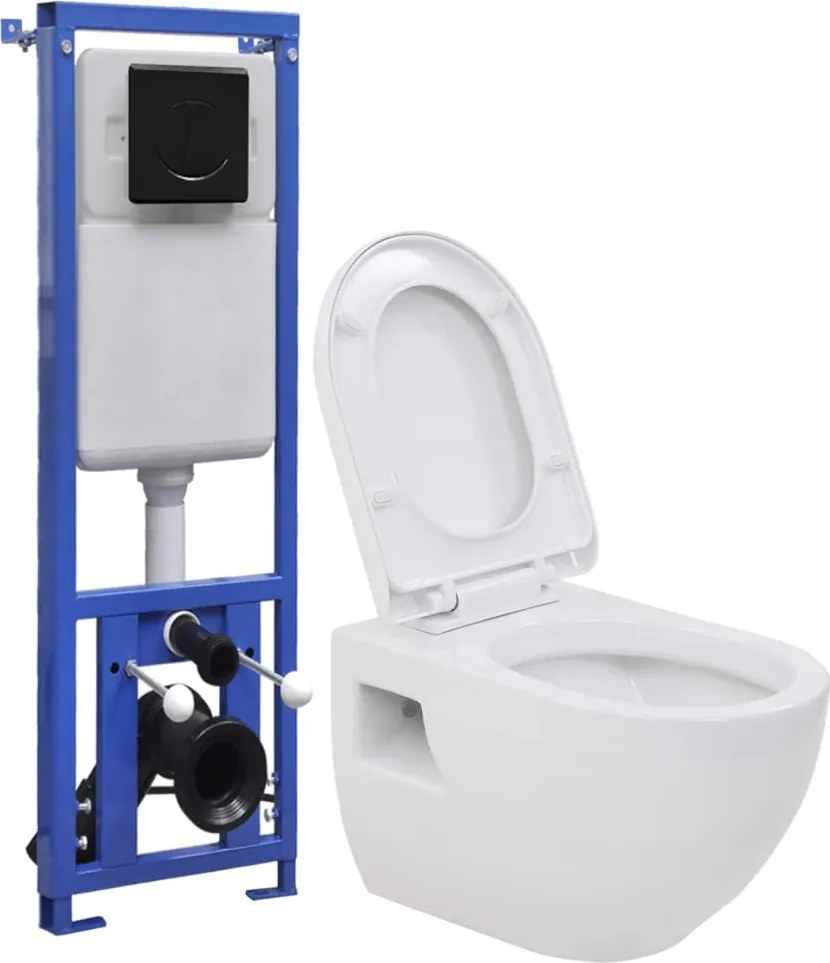 vidaXL fekete falra szerelhető kerámia WC rejtett magas tartállyal