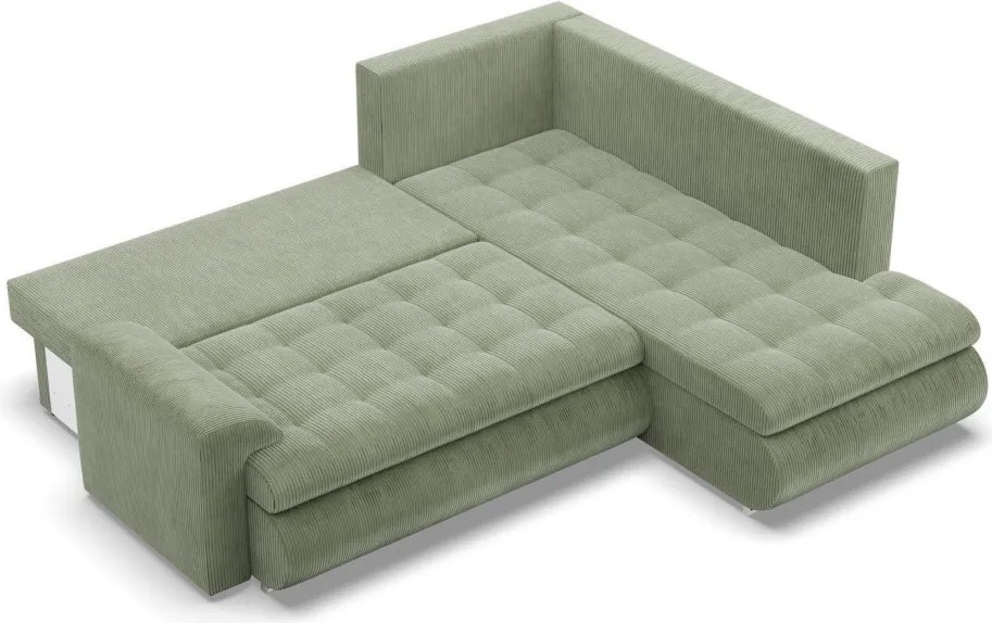 Tokio sarokkanapé, L alakú háttámlával, 2 ágyneműtartóval, kordbársony, jobboldali, zöld