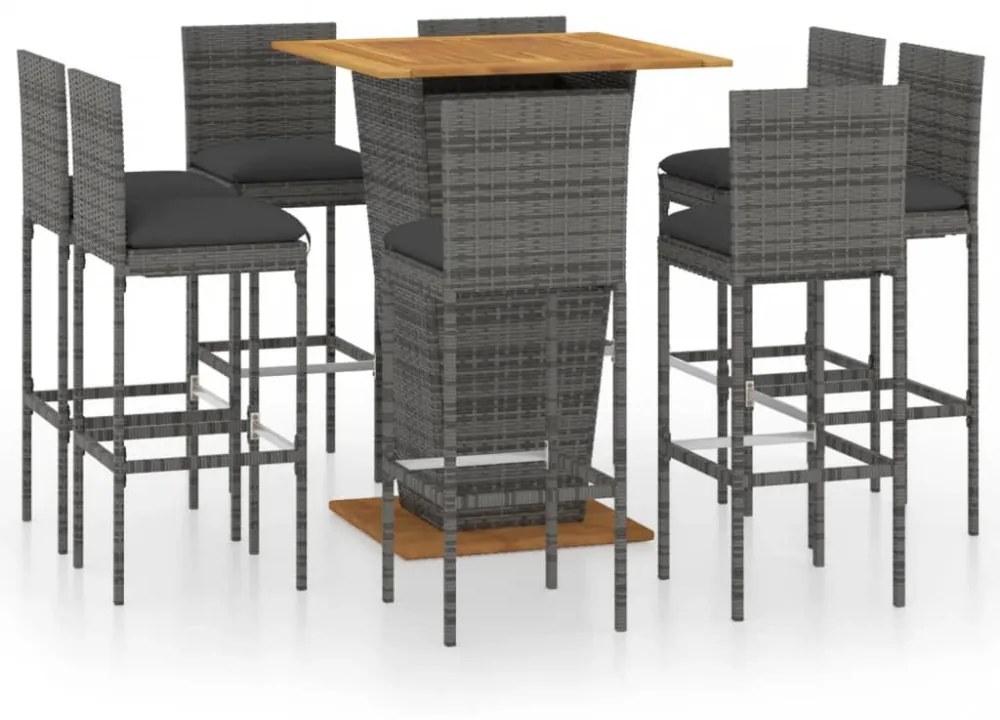 vidaXL 9 részes szürke polyrattan kerti bárszett párnákkal
