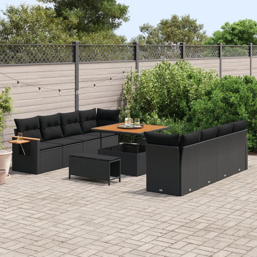 11 részes kerti kanapé szett párnákkal, fekete poli rattan, akácia, 3 részes kerti étkezőszett párnákkal, fekete poli rattan, akácia
